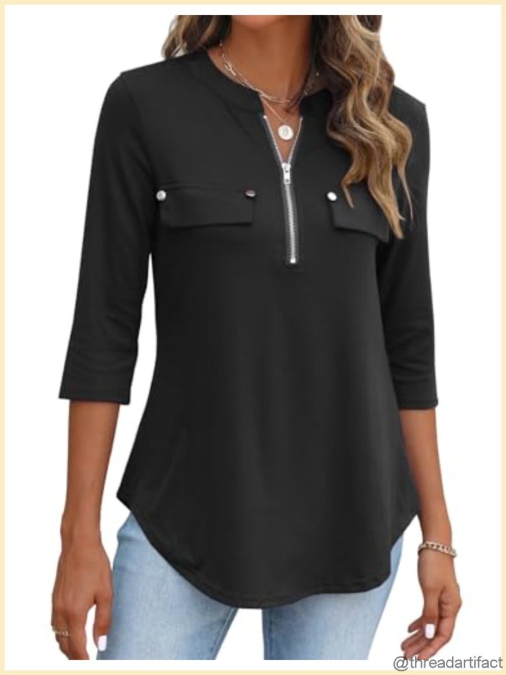 Halife Womens 3/4 Sleeve Zipper Front Tunic Top Dressy Casual V Neck